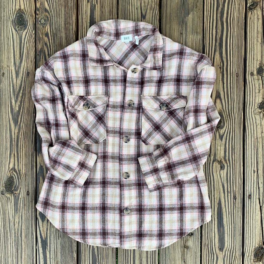 BKE by Buckle Oversized Pink & Brown Plaid Buttoned Down Boyfriend Flannel Shirt